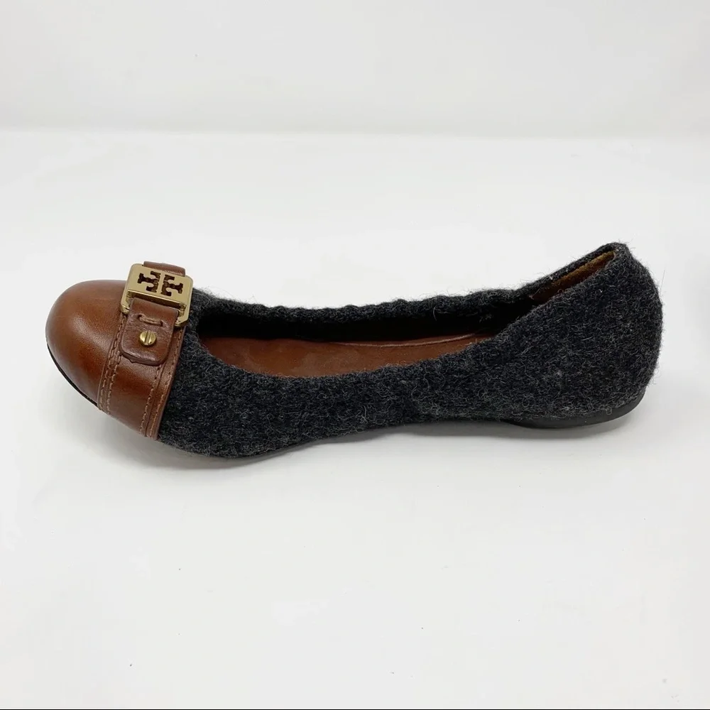 Tory Burch Brown Leather & Charcoal Wool Logo Ballet Flats